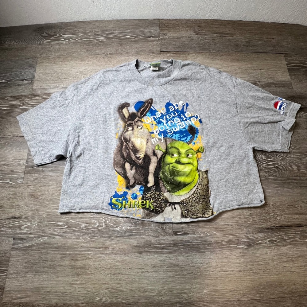 Shrek 2 T-Shirt Mens XL Gray Cropped Pepsi Promo What Are You Doing In My Swamp